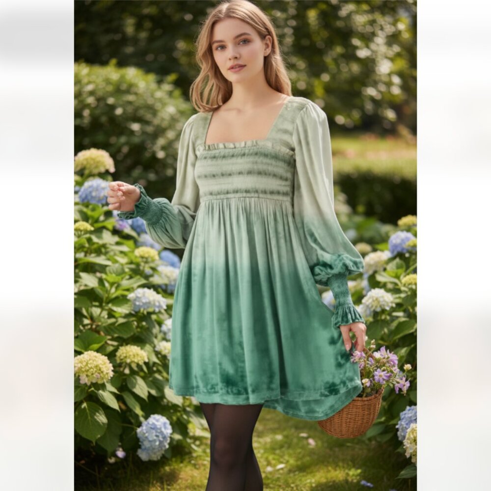 NWT Uo Isobel Smocked Velvet Mini Dress Green Holiday Sequins Embroidered